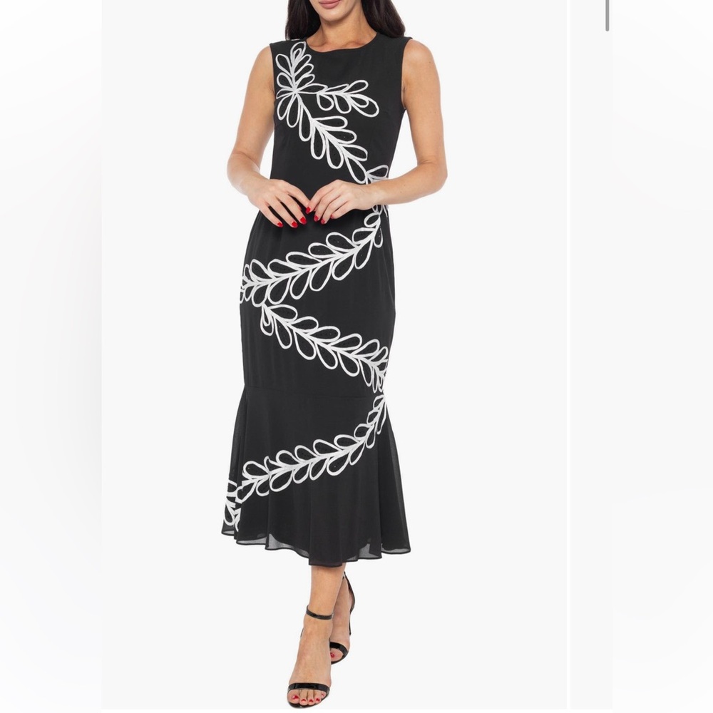 MARINA Black Maxi Dress with White Leaf Trim